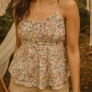 Vintage Rebecca Taylor Floral Silk Peplum Ruffle Front Cami Y2K Size 4